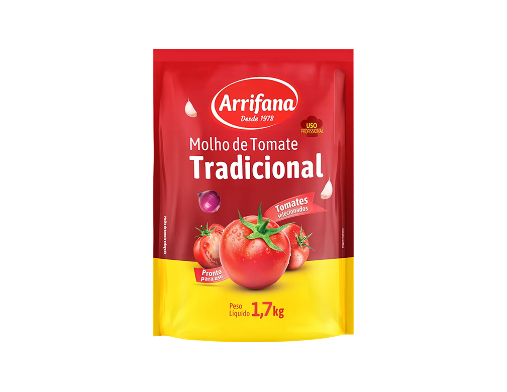 MOLHO DE TOMATE TRADICIONAL ARRIFANA 1,7 KG (CX 6 BAG)